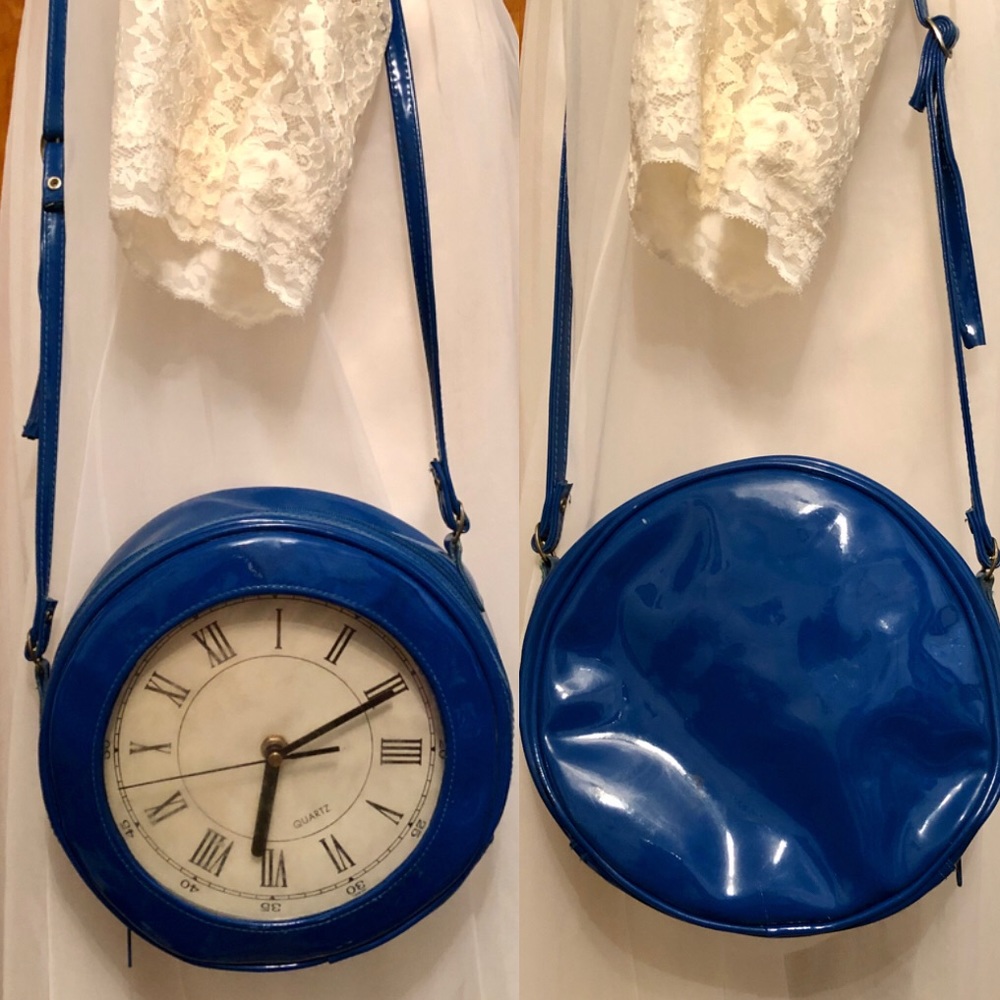 VINTAGE RARE ROYAL BLUE QUARTZ CLOCK CROSSBODY BAG - Picture 3 of 6